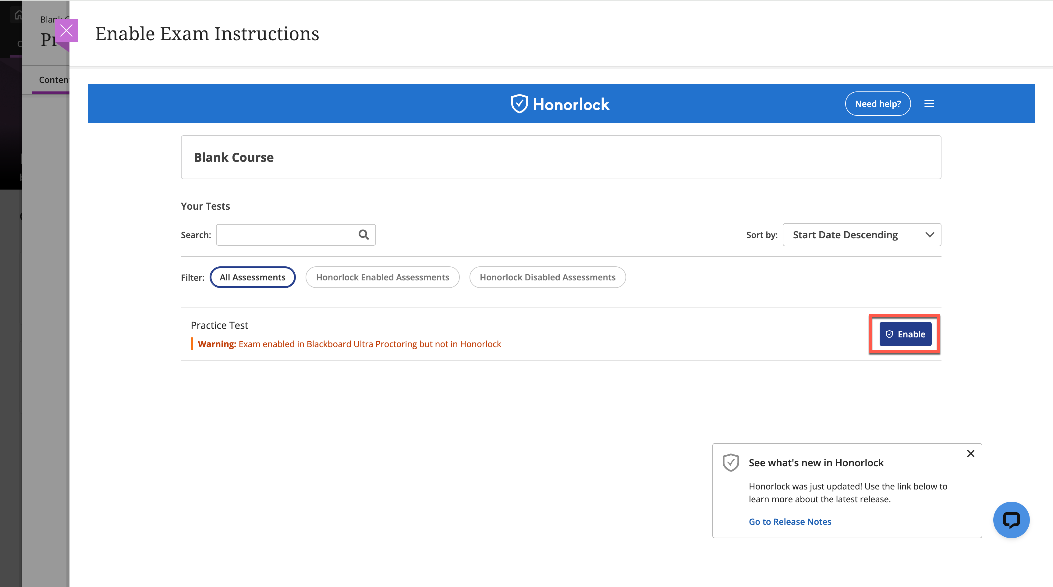 Enable button in Honorlock highlighted