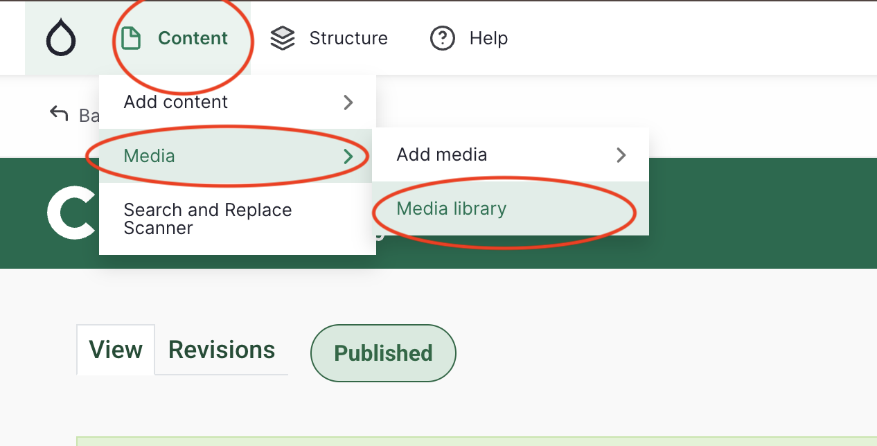 Navigate to the media library through the menu. Content, Media, Media Library
