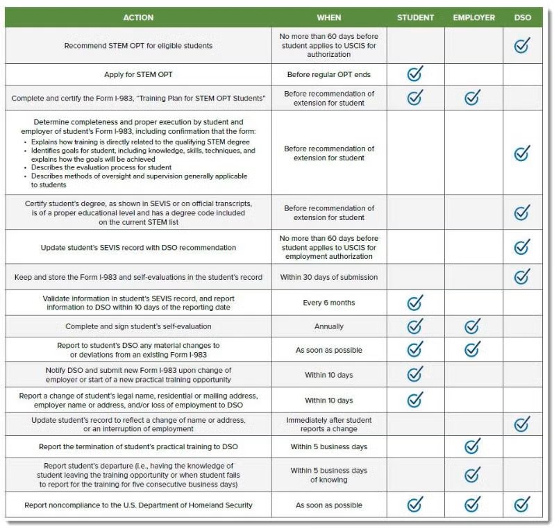 A table that shows the process of STEM OPT reporting
