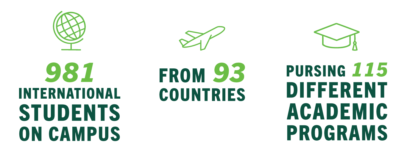 981 international students on campus from 93 countries pursuing 115 different academic programs
