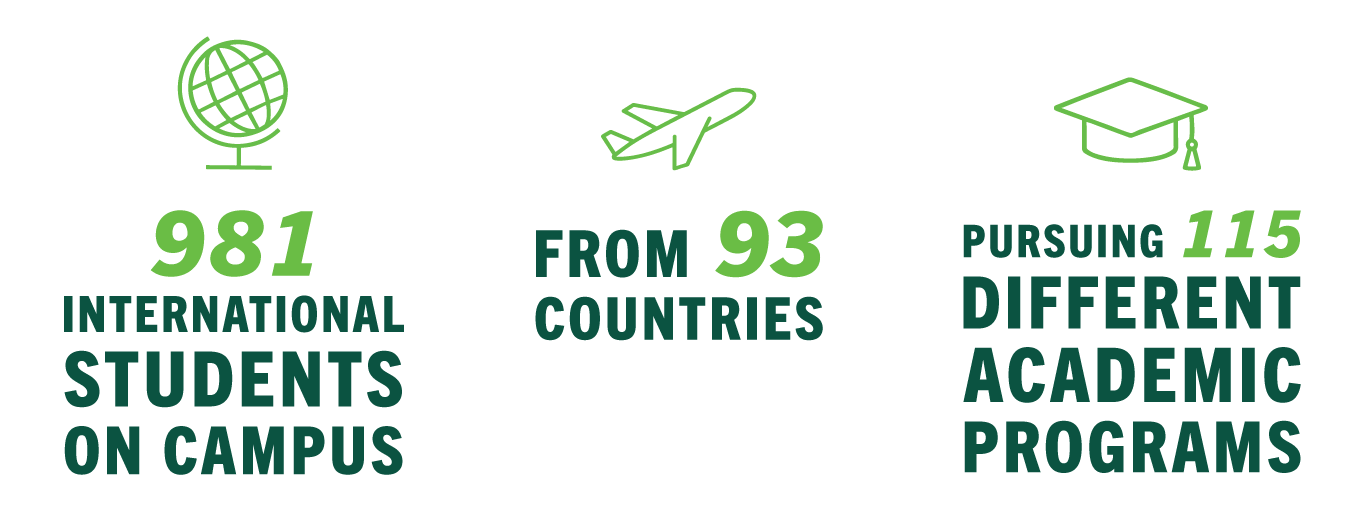 981 international students on campus from 93 countries pursuing 115 different academic programs
