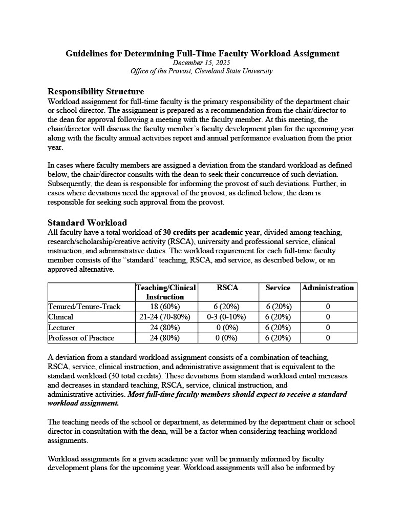Text document containing the responsibility structure, standard workload, and a table for the Guidelines for Determining Full-Time Faculty Workload Assignment