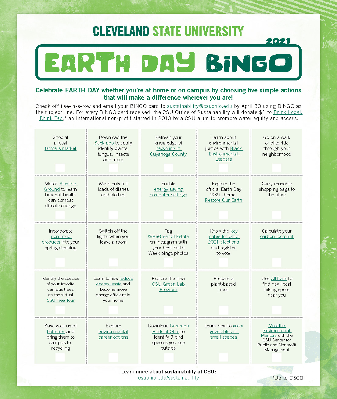 Earth Day Bingo Cleveland State University