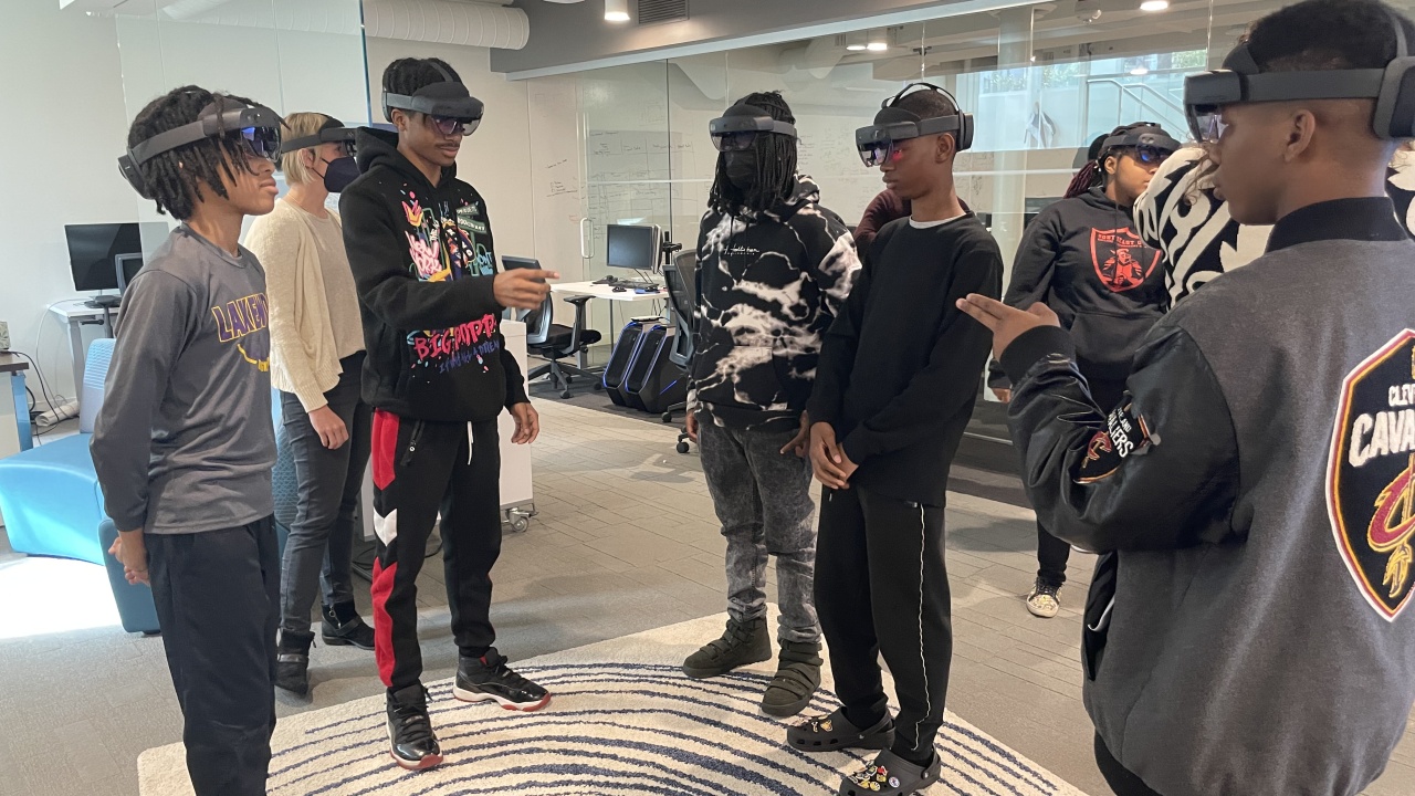 Students wearing VR headsets