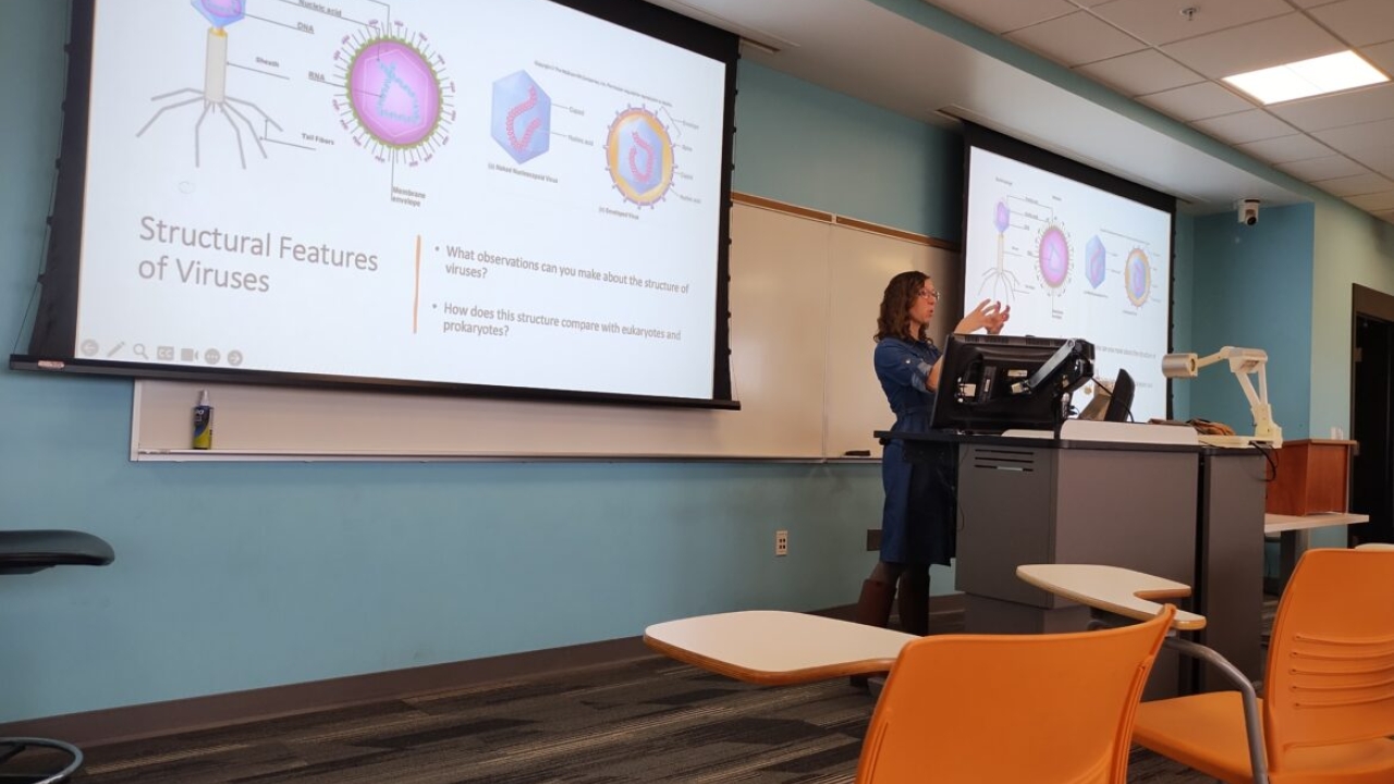 Professor in front of classroom with two large projector screens