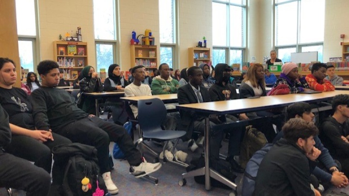 CMSD Newcomer Academy students listening to presentation