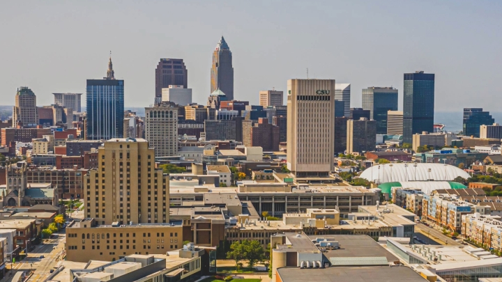 Cleveland State University skyline with downtown in the background looking west