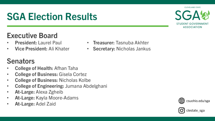List of election winners from the Spring 2026 SGA Election.