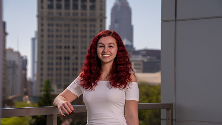 Vivian France posing in front of CSU skyline