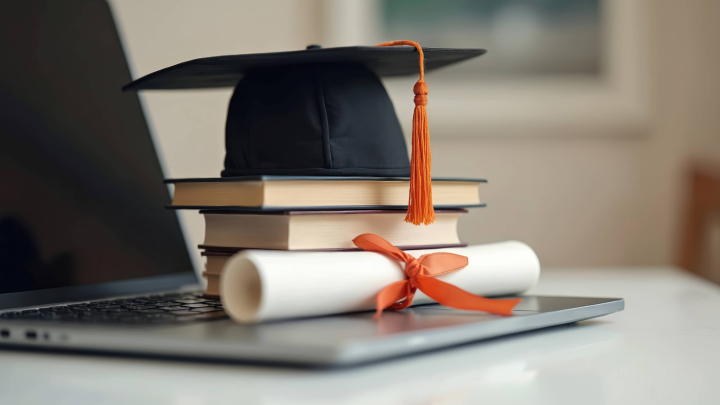 Image of a graduation cap, degree and laptop.