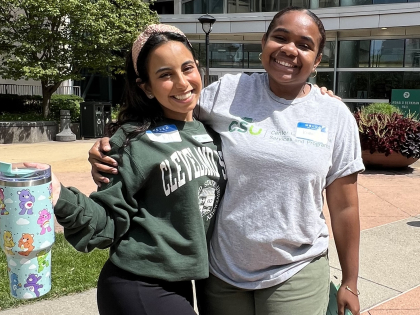 Two female students on campus