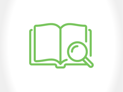 Icon of open book and magnifying glass